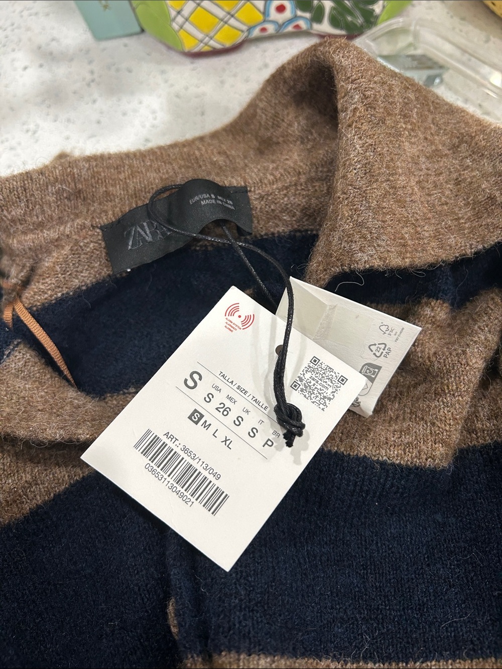 NWT Zara Wool Alpaca Blend Navy Brown Collared Button Front Cardigan Sweater S - Picture 8 of 10
